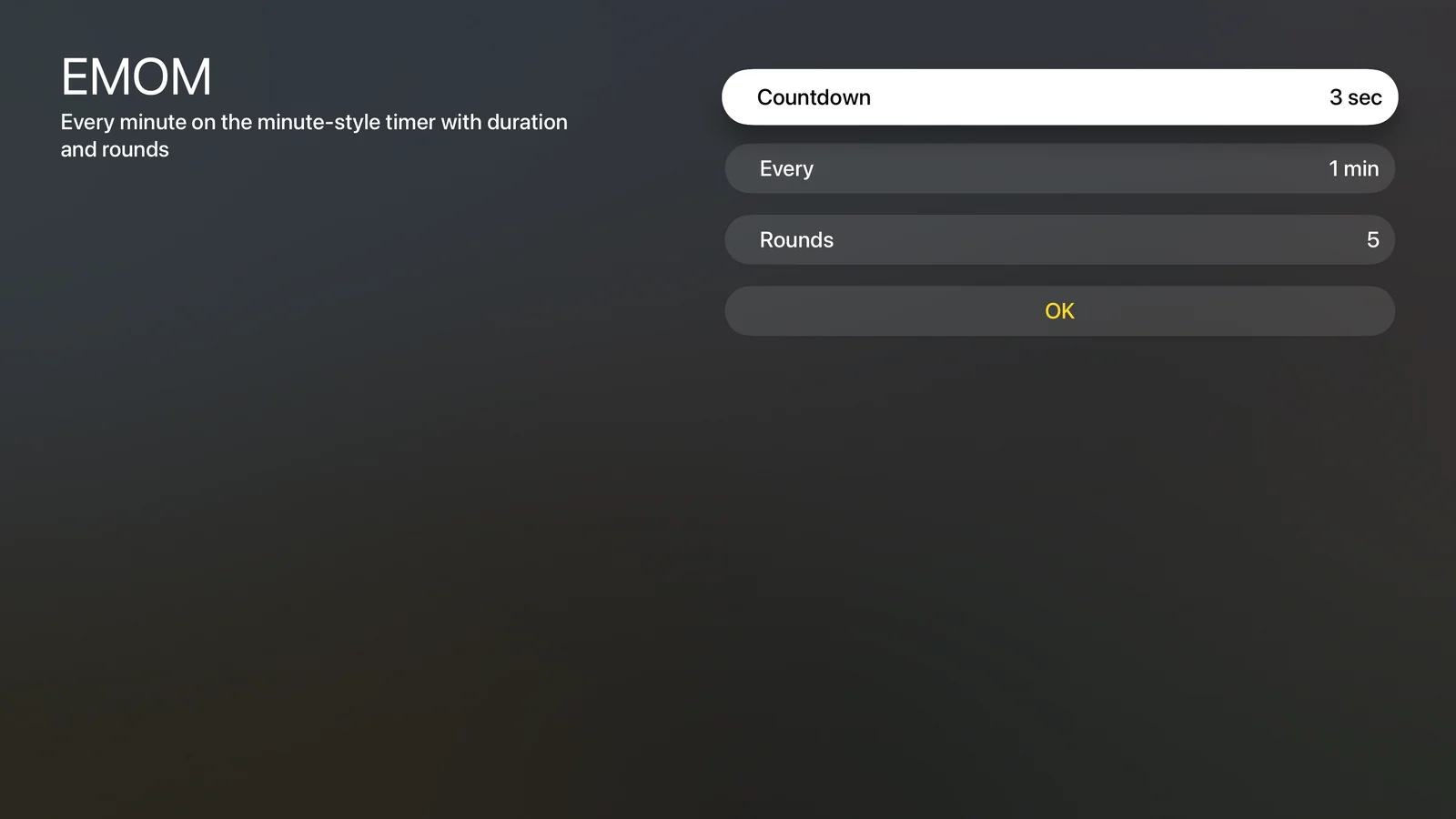 TimerNinja EMOM configuration on Apple TV