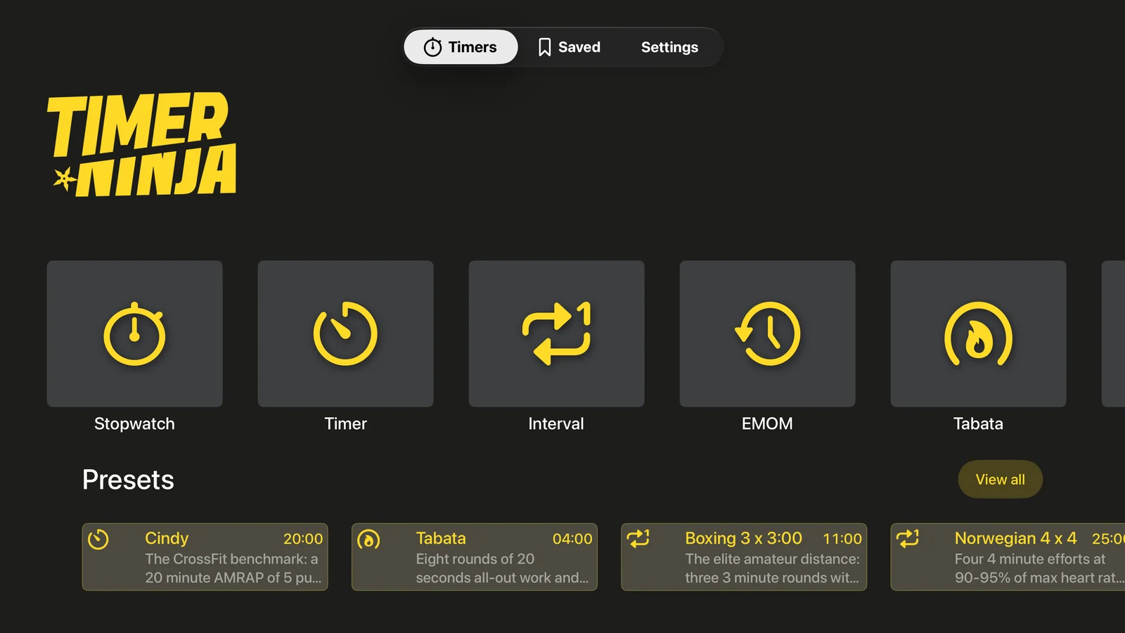 TimerNinja home screen on Apple TV with timer types and presets